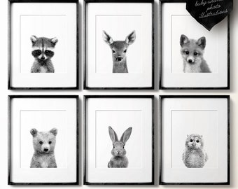 Woodland nursery decor, Black and white nursery art, PRINTABLE art, Baby animal prints, Woodland animals, Nursery wall art, Nursery prints