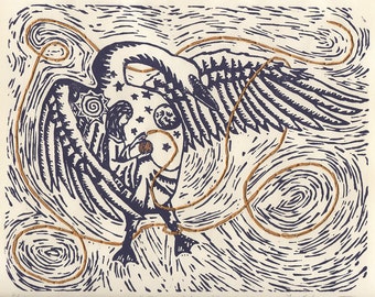Prinz Schwan: ORIGINAL linoleum relief Print; swan, sun, moon, stars, grimms fairy tale, woman, embroidery, thread