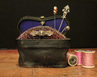 Antique Parisian Opera Glass Case Pin Cushion OOAK / Victorian Velvet Fabric and Glass Beads Pincushion / Hand Crafted Pin Cushion / Sewing