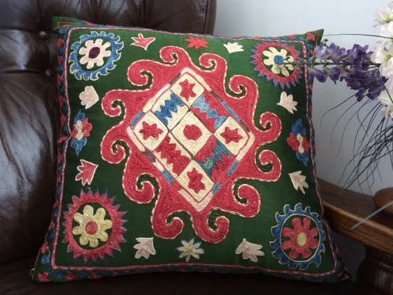 Decorative green suzani Sofa Cushion Cover, Traditional pillow case