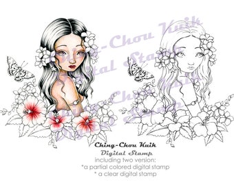 Aloha, Lady - PRINTABLE Instant Download Digital Stamp / Hawaii Butterfly Hibiscus Plumeria Fairy Girl Art by Ching-Chou Kuik