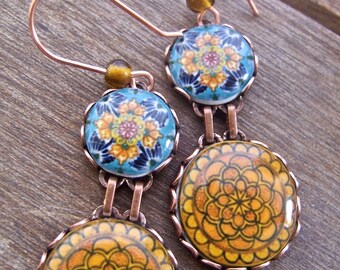 Boho beach jewelry, earrings, Fashion jewelry, Folk art, drop earrings, Mexican statement earrings, Talavera pottery, MTO
