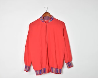 Vintage Red and Tribal Patterned Thin Bomber Jacket