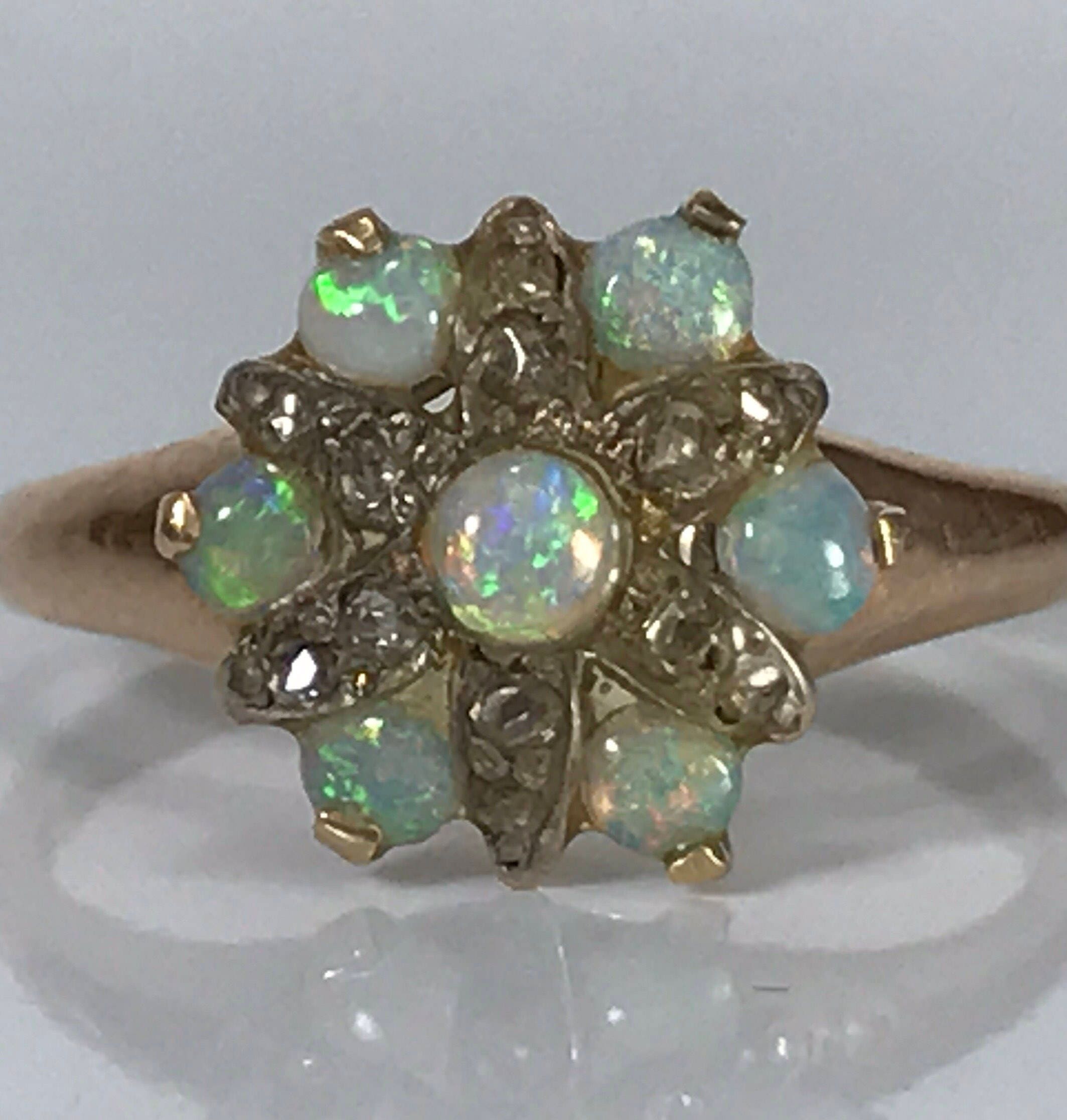 Vintage Opal and Diamond Cluster Ring. 14K Yellow Gold. Unique