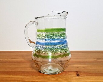 Glass Pitcher Green Blue Paisley Stripes Lemonade Iced Tea