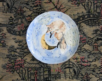 Fox and Mouse, Ceramic Art Plate White Pink Blue and Gold Woodland One of a Kind Home Decor, Handmade Artisan Pottery by Licia Lucas Pfadt