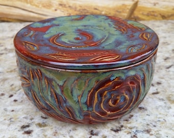 Pottery French Butter Crock, Red and green, Dragonfly, Leaves, Butter Dish, Ceramic Butter Crock, Butter Jar, Butter Keeper