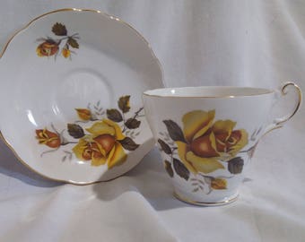 Yellow Rose teacup and saucer-, Recengy Bone China