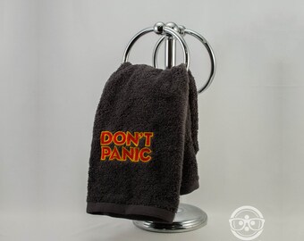 Don't Panic Hand Towel - The Hitchhiker's Guide to the Galaxy - Geeky Sci-Fi Embroidered Bathroom Towel or Kitchen Decor