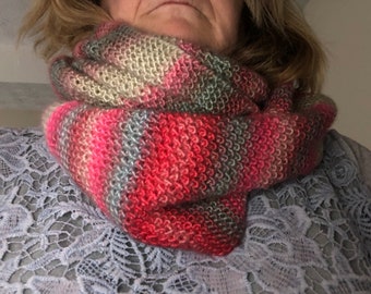 Hand Knitted Infinity Scarf by BritKnitWits - Pinks and Grey Free Shipping