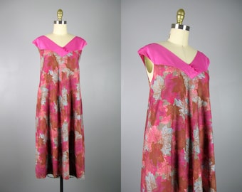 Vintage 1960s Cotton Hawaiian Dress 60s Pink Leaf Print Tent Dress by Panelas Size M/Open
