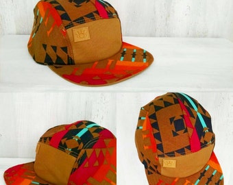 Caramel/ multi color Geometric Print canvas 5 panel camp hat- handmade baseball hat