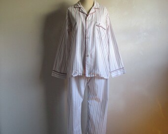 Vintage Pierre Cardin 80s Pajama Mens 2pc Red Grey Stripe Cotton Blend 1980s Designer PJs Top Pants Night Wear Set Med