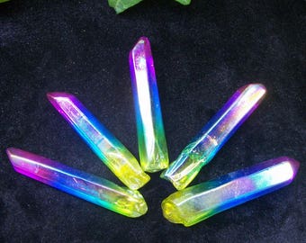 5pcs slender Rich three-color Aqua Aura Quartz Crystal Points B4230