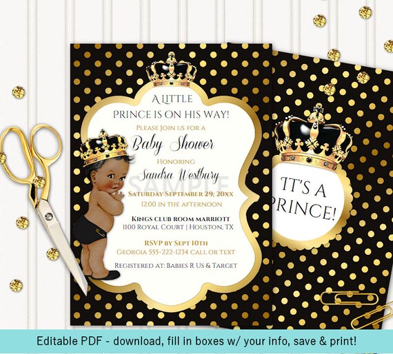 Little Prince Black and Gold Invitation African American