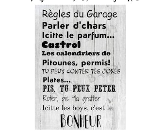 poster illustration, the rules of the garage, gift for coworker, download or already printed, print, humorous, happiness, digital quote