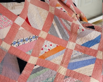 Vintage Quilt, Hand Quilted Pieced Quilt, Cutter Quilt, Craft Quilt, Quilt Fabric, Quilted, Twin Bedding, Will Fit Twin Bed