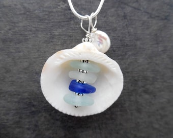 Blue Shell Sea Glass Necklace Beach Glass Jewelry Seashell Pendant Sterling