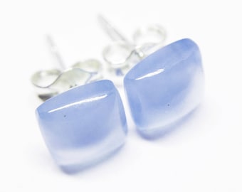 Chalcedony Gemstone . TINY 6mm Cushion Squares . Sterling Silver Posts Studs Earrings . Soft Sky Blue . Minimalist Earrings . E16077
