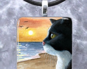 Art Glass Pendant 1x1 Jewelry Necklace Earrings Cat 574 tuxedo sunset from painting by L.Dumas