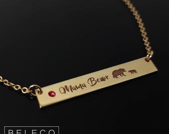 Mama Bear Necklace Birthstones, Mama Bear Birthstone Necklace, Mama Bear Necklace, Mama Bear Bar Necklace, Mama Bear Jewelry, Momma Bear