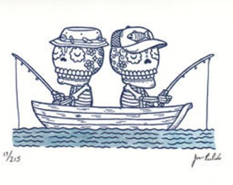 Fishing Calaveras Limited Edition Gocco Screenprint Day of the Dead Art