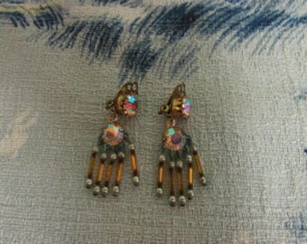 Vintage rhinestone & bugle bead drop clip-on earrings