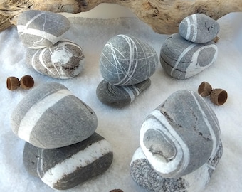 Big Striped Beach Rocks, Striped Stones, Lucky Stones, Striped Sea Stones, Aquarium Stones, DIY Stones, Set of 2 Gray Striped Beach Pebbles