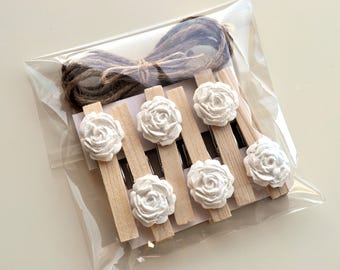 Rose clothespins, decorated clothespin, wooden clothespins, wedding clothespins, handmade roses, white roses, rustic rose pegs, clay roses