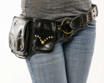 Hip Pack Riveted Design Leather Utility Belt - Black (Beautiful Hip Belt. Great storage. Large enough to store most ANY phone on the market)