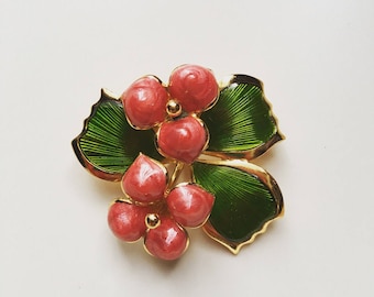 Vintage flowers enamel gold tone brooch