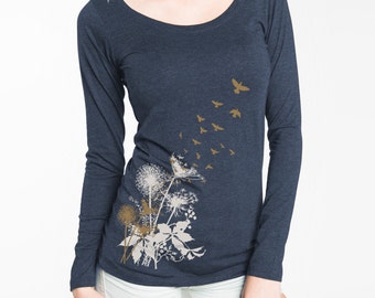 Women's Long Sleeve T-Shirt, Dandelions Print shirt, T-Shirt with Birds in Flight, Gift for Her, Art T-shirt, Cool t-shirt
