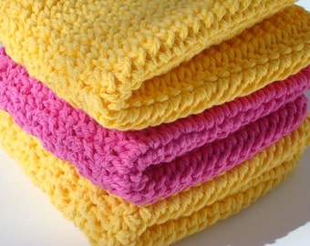 Three Crochet Dishcloths, Washcloths - Pink and Yellow Cotton Wash Cloths, Dish Cloths, Cotton, Crocheted Dish Cloths, Dishcloths - Kitchen