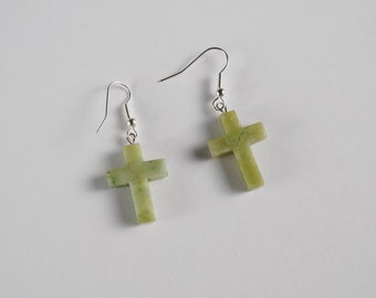 Green Stone Cross Earrings on French Hook