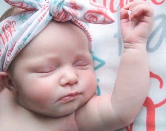 Personalized Baby Blanket & Headband Set - Monogram Receiving Blanket and Head Wrap - Custom Name Swaddle Blanket and Knotted Head Band