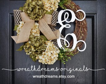 BEST SELLER! Sage Green & Cream Hydrangea Wreath. Year Round Wreath. Spring Wreath. Summer Wreath. Door Wreath. Grapevine Wreath.