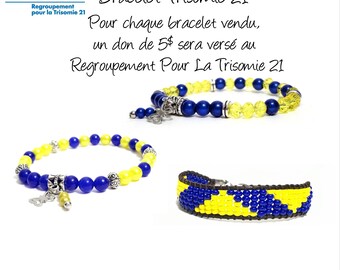 For the trisomy 21 - Pearl Bracelet Czech glass and jade - yellow and blue for woman, child, man - stainless steel stopper