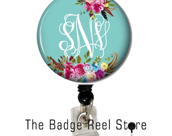 Name Badge Holder, Retractable ID Badge Holder - Preppy - Shabby Chic - Name Tag - Boho, teal , Personalized, Name Badge, Initials Custom
