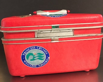 Vintage Samsonite Silhouette Cosmetic Train Case | Princess Cruise Stickers | Cherry Red | Travel Luggage | Pin-Up Rockabilly Pageant Style