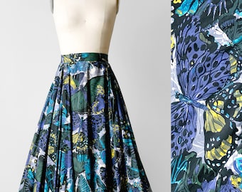 50s Butterfly Novelty Print Circle Skirt / 1950s Full Gored Skirt Size XS / 50's Below the Knee Swing Skirt / 1950's Blue Cotton Midi Skirt
