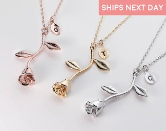 Rose Necklace With Initial Rose Pendant Necklace Mothers Day Gift Personalized Necklace For Women mothers day flowers - 3MRN-L