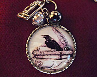 Silver Pendant Necklace, Edgar Allan Poe Raven Image With Pearls And Charms Womens Gift Handmade