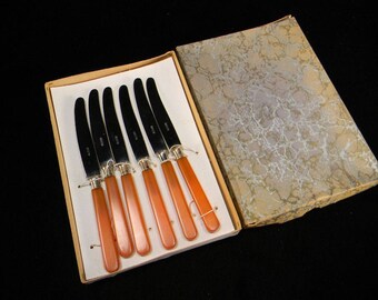 Six Hard-to-Find Apricot-Colored Bakelite Fruit Knives in Original Box