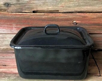 Black Enamel Refrigerator Canister Bin with Lid - Enamel Storage Box