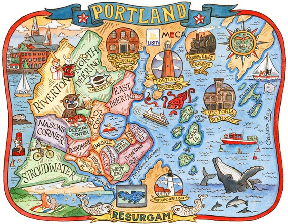 Portland Maine City Neighborhood Map 11 x 14 Art