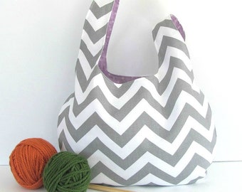 Large Knitting bag, Gray chevron project bag, Shawl knitting, Yarn bag Gift for Knitters