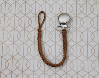 Brown Braided Faux Leather Pacifier Clip, Binky Clip, Soother Clip, Paci Clip