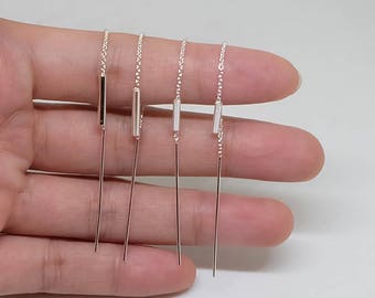 Tiny Bar Sterling Silver Threader Earrings , thread earrings , long chain threader earring , minimalist jewelry , everyday earrings