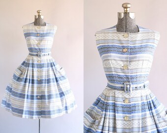Vintage 1950s Dress / 50s Cotton Dress / Blue and Gray Striped Dress w/ Oversized Pockets XS