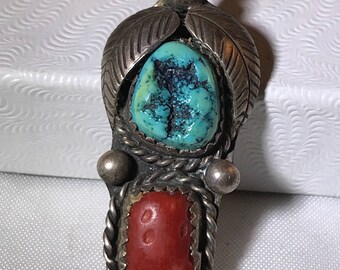Vtg Navajo Turquoise and Coral Pendant on Liquid Silver Chain